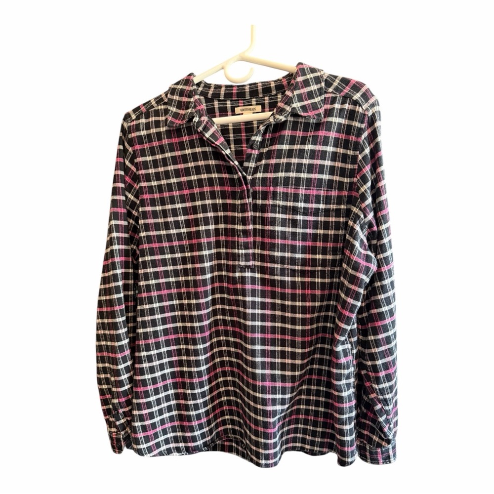 Goodthreads Black Plaid Shirt with Pink and White Stripes 100% Cotton, Size XL.
